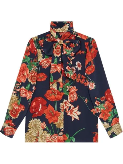 Gucci Spring Bouquet Silk Blouse W/ Self Tie Bow In Blue/ Red Print