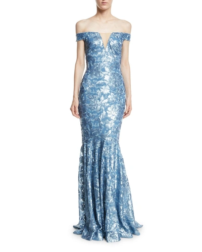 Theia Sequin Embellished Off-the-shoulder Gown In Blue