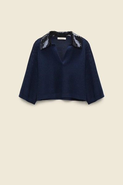 Dorothee Schumacher Pointelle Knit Top With Sequin Collar In Blue
