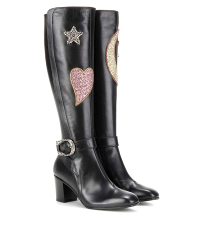Gucci Crystal-embellished Knee-high Leather Boots In Black Leather