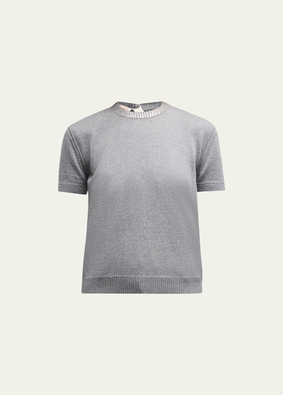 Valentino Strass Embellished Short-sleeve Crop Knit Sweater In Gray Charcoal