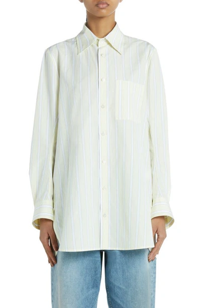 Bottega Veneta Striped Cotton-linen Collared Tunic Shirt In Amber