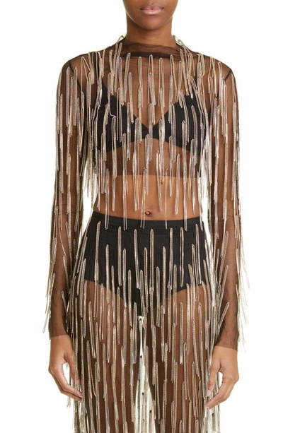 Lapointe Crystal Fringe Mesh Long-sleeve Top In Black