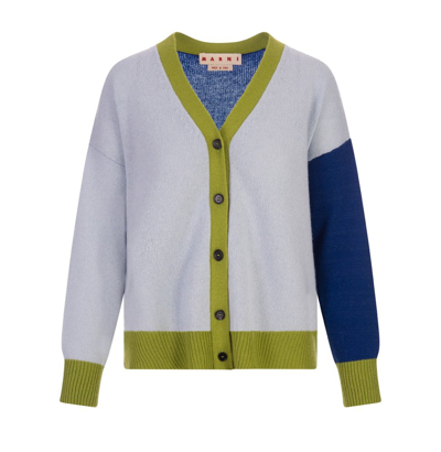 Marni Colorblock Cashmere Knit Cardigan In Patterned Blue