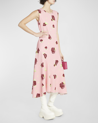 Marni Floral-print Midi Dress With Asymmetric Hem In Pink
