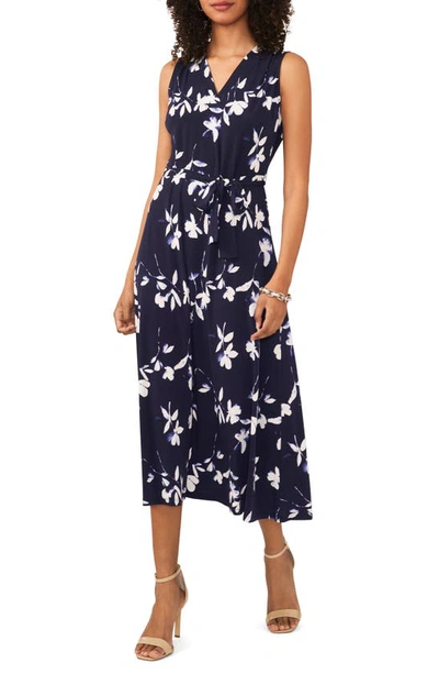 Chaus Floral Tie Waist Midi Dress In Navy/ White 462