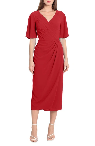 Maggy London Flutter Sleeve Faux Wrap Midi Dress In Rhubarb