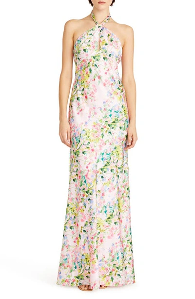 ml Monique Lhuillier Rose Satin Halter Gown In Wildrose