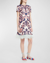 La Doublej Patterned Mini Swing Dress With Feather Trim In Va_va_white