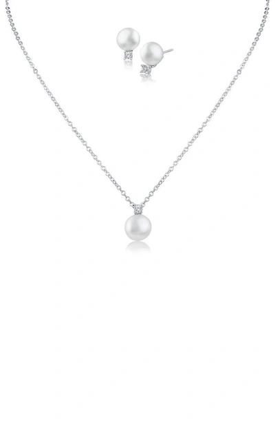 Cz By Kenneth Jay Lane Cz & Freshwater Pearl Pendant Necklace & Stud Earrings Set In White/ Clear/ Silver