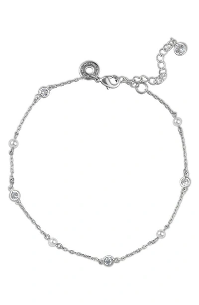 Cz By Kenneth Jay Lane Cz & Freshwater Pearl Station Anklet In White/ Clear/ Silver