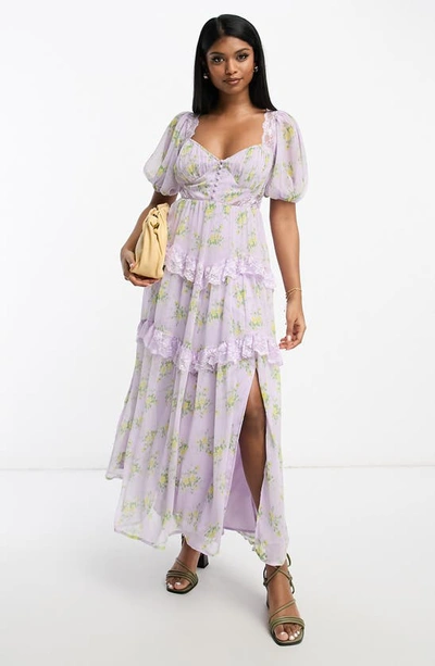 Asos Design Open Back Lace Insert Midi Tea Dress In Lilac Ditsy  Floral-multi | ModeSens