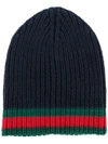 Gucci Gg Vintage Web Ribbed Beanie In Blue