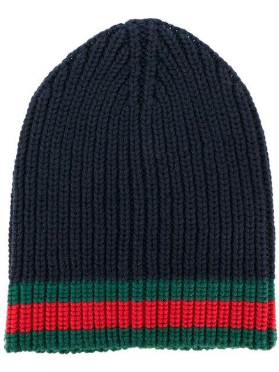 Gucci Gg Vintage Web Ribbed Beanie In Blue