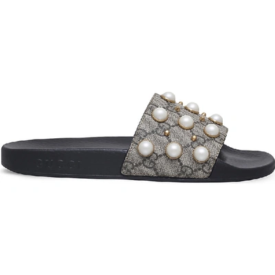 Gucci Pursuit Pearl-embellished Rubber Slider Sandals In Nero