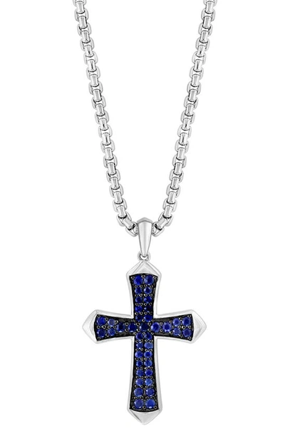 Effy Sterling Silver Pavé Sapphire Cross Pendant Necklace In Blue