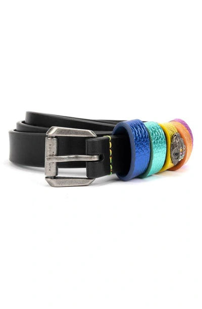 Kurt Geiger Rainbow Keeper Leather Belt In Black/multi