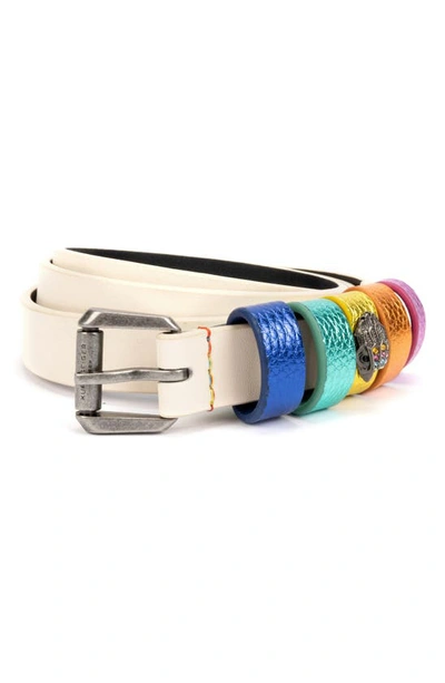 Kurt Geiger Rainbow Keeper Leather Belt In Bone/ Antique Silver