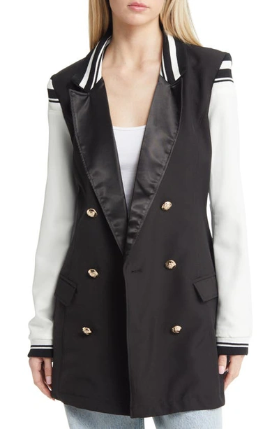 Azalea Wang Mix Media Faux Leather Double Breasted Blazer In Black White