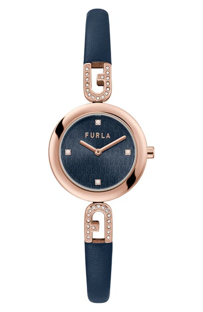 Furla Bangle Leather Strap Watch, 28mm In Rose Gold/ Blue/ Blue