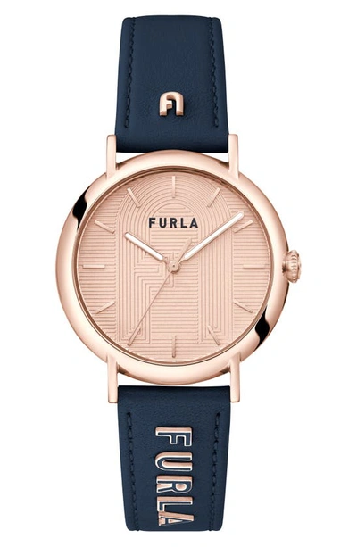 Furla Easy Shape Leather Strap Watch, 38mm In Rose Gold/ Rose Gold/ Blue