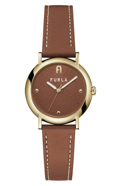 Furla Easy Shape Leather Strap Watch, 32mm In Gold/ Brown/ Brown