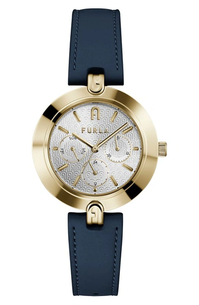 Furla Logo Links Leather Strap Watch, 36.5mm In Gold/ Silver/ Blue