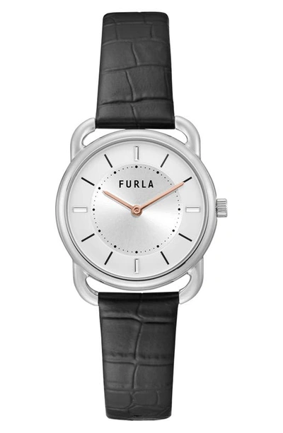 Furla Sleek Leather Strap Watch, 33mm In Silver/ Silver/ Black