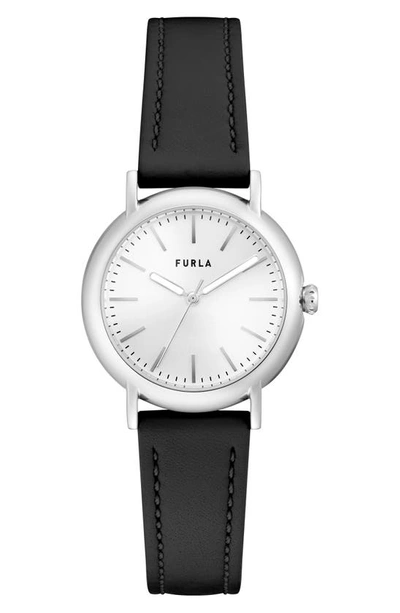 Furla Easy Shape Leather Strap Watch, 32mm In Silver/ Silver/ Black