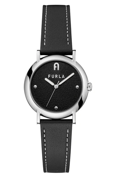 Furla Easy Shape Leather Strap Watch, 32mm In Silver/ Black/ Black