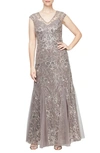 Alex Evenings Embroidered Gown In Rich Taupe