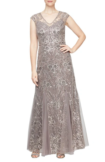 Alex Evenings Embroidered Gown In Rich Taupe