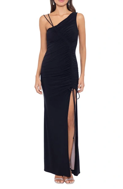 Xscape Ruched Asymmetric Neck Gown In Black