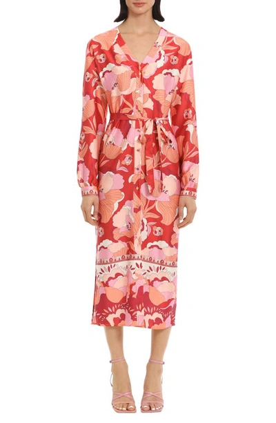 Donna Morgan For Maggy Floral Print Long Sleeve Belted Midi Shirtdress In Brick Red/ Apricot