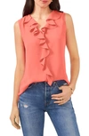 Vince Camuto Ruffle Neck Sleeveless Georgette Blouse In Spiced Coral