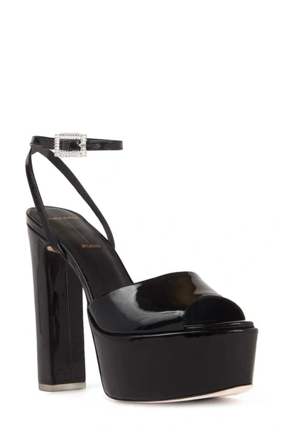 Black Suede Studio Zoe Ankle Strap Platform Sandal In Black Patent
