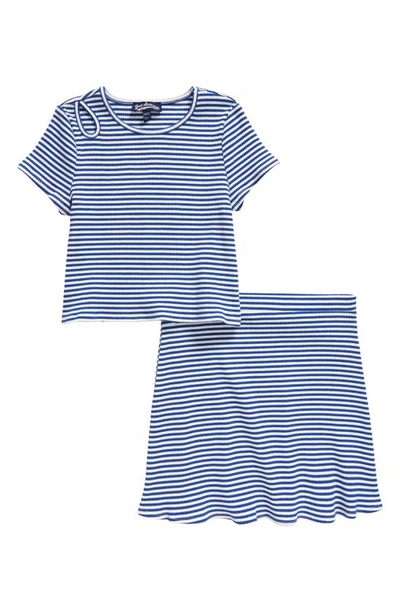 Freshman Kids' Keyhole Stripe Shirt & Skirt Set In Blue White Stripe