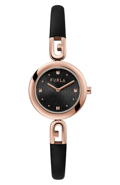 Furla Bangle Leather Strap Watch, 28mm In Rose Gold/ Black/ Black