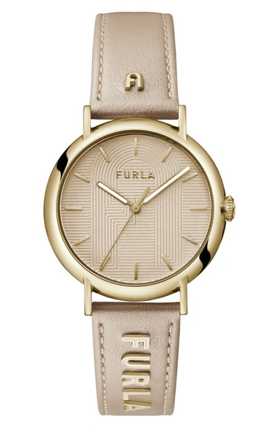 Furla Easy Shape Leather Strap Watch, 38mm In Gold/ Champagne/ Gold