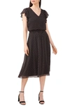 Chaus Polka Dot Smock Waist Flutter Sleeve Midi Dress In Black/ Blush
