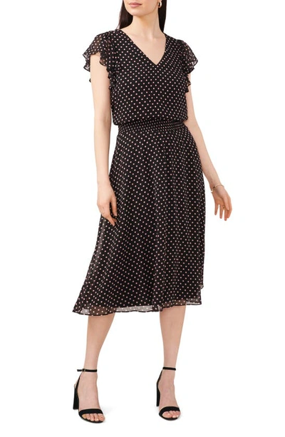 Chaus Polka Dot Smock Waist Flutter Sleeve Midi Dress In Black/ Blush