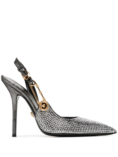 Versace Sling Back Pumps In Silver