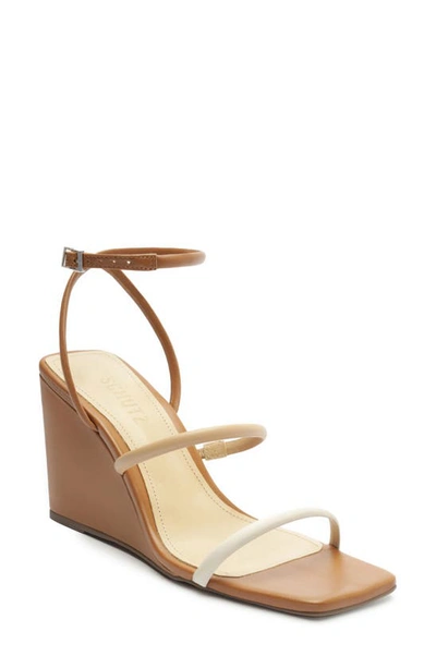 Schutz Nylla Ankle Strap Wedge Sandal In Wood/ Light Nude/ Pearl