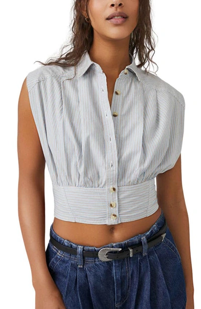 Free People Cassie Stripe Sleeveless Crop Shirt In Ivory Combo