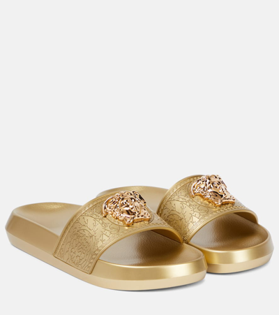 Versace Medusa Metallic Pool Slide Sandals In Gold