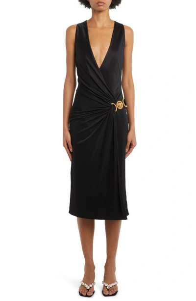 Versace Wrap-front Jersey Midi Dress With Medusa Detail In Black