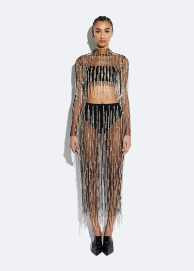 Lapointe Mesh Diamond Fringe High Waisted Skirt In Black