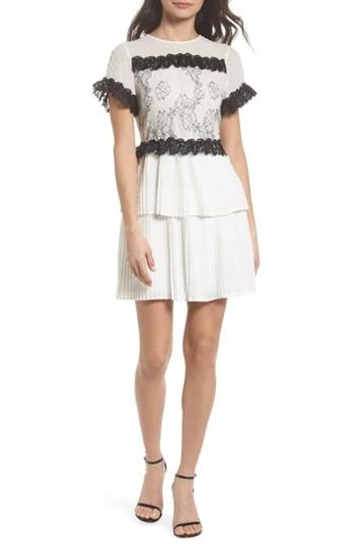 Foxiedox Melita Tiered Lace Dress In White W/ Black Lace