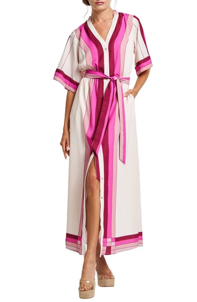 Ciebon Carmine Stripe Elbow Sleeve Shirtdress In Pink