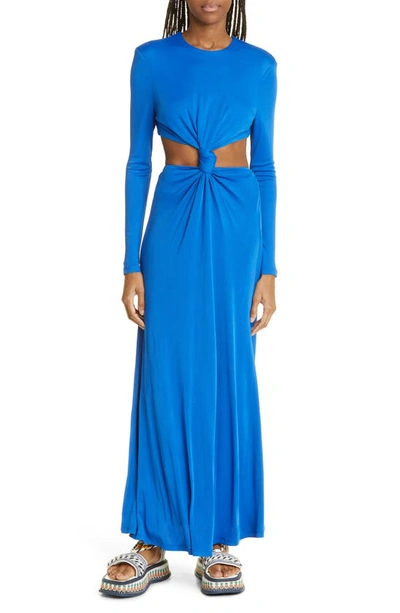 Farm Rio Knotted Cutout Long Sleeve Dress In Medium Blue
